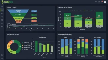 Recruitment analytics dashboard displaying pipeline velocity conversion rates and diversity metrics in real-time