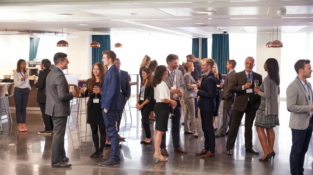 Professional networking event with MedTech industry professionals exchanging business cards and connecting