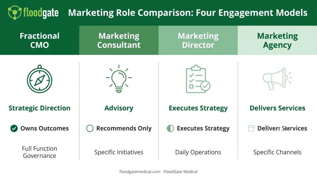 Fractional CMO versus consultant director and agency roles comparison chart
