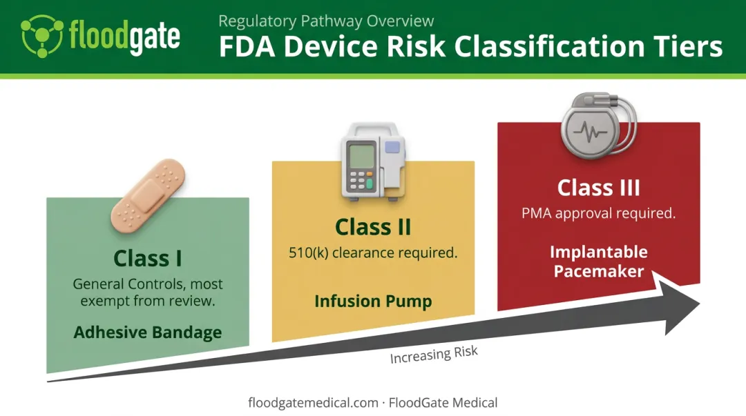 FDA medical device classification comparing Class I II III risk levels