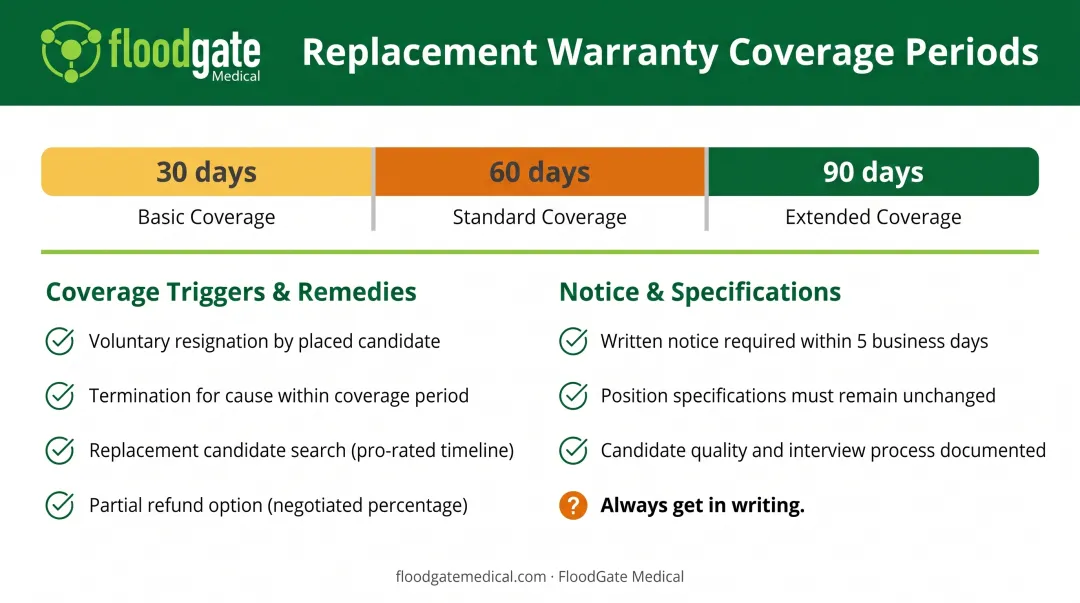 Replacement warranty timeline showing 30-60-90 day guarantee periods and coverage details