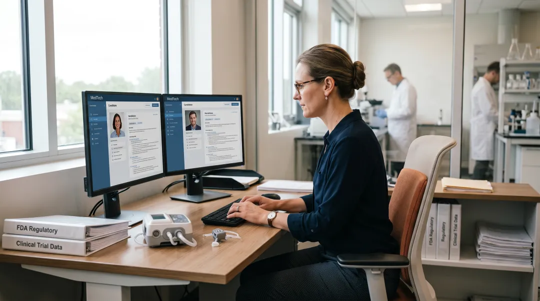 Professional MedTech recruiting specialist reviewing candidate profiles and industry qualifications on dual monitors