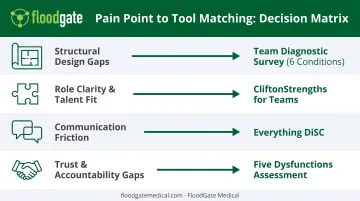 Team diagnostic tool selection matrix matching primary pain points to recommended assessments