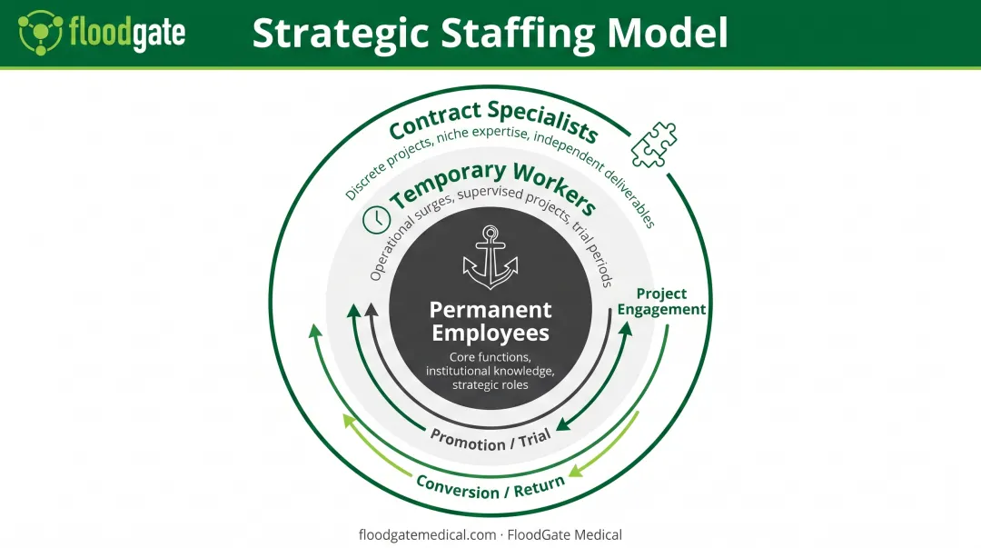 Three-tier blended MedTech staffing strategy showing permanent temporary and contract worker integration