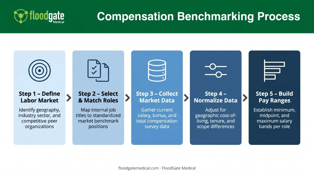 Five-step compensation benchmarking process flow from market definition to pay range calibration