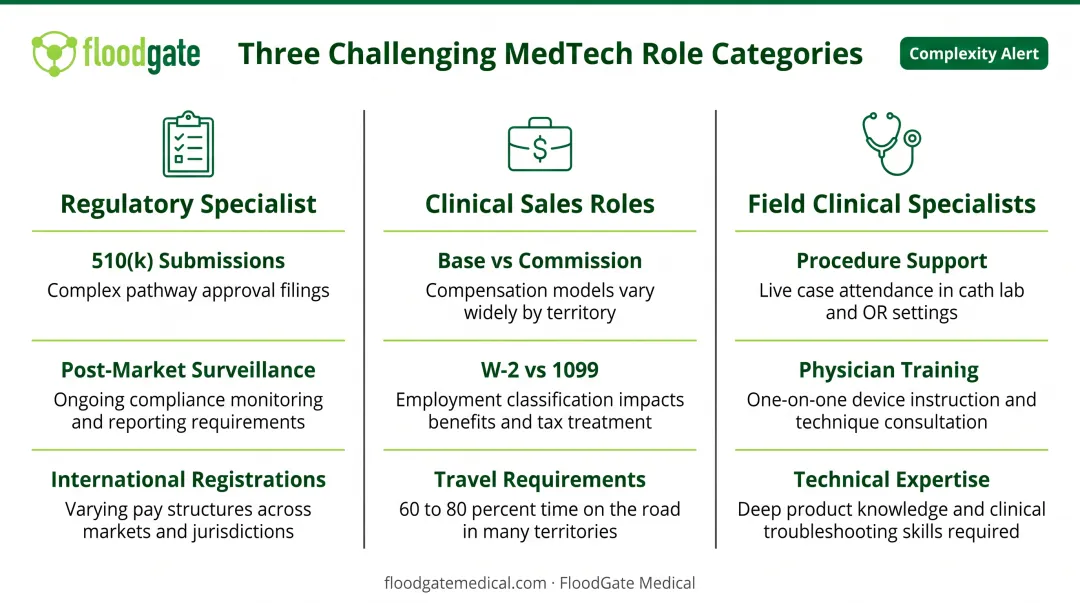 MedTech specialized role compensation challenges comparison highlighting regulatory clinical and sales positions