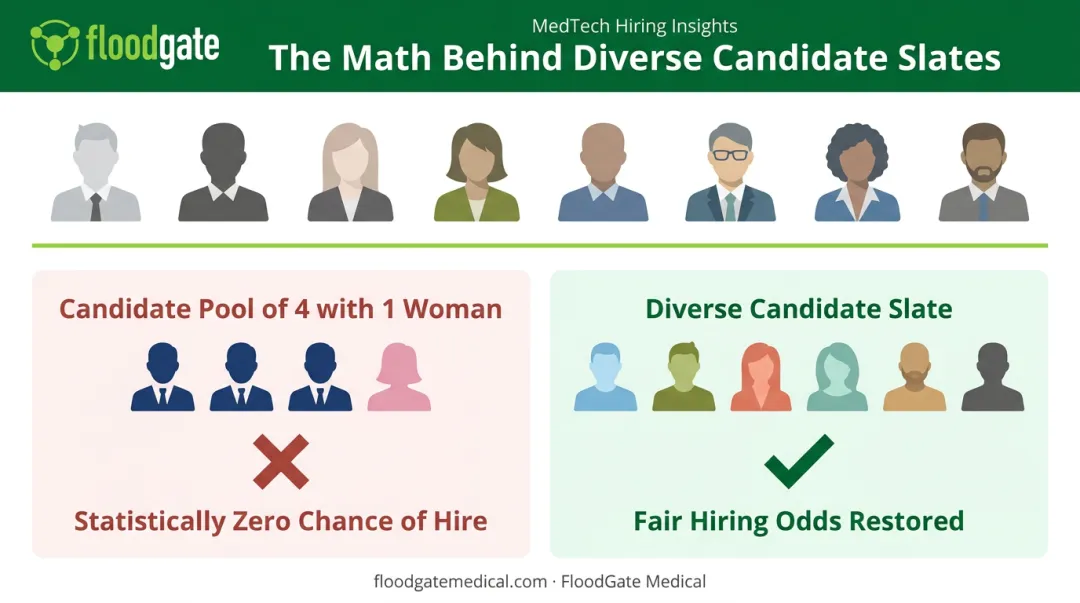 Diverse hiring panel versus solo minority candidate pool comparison infographic