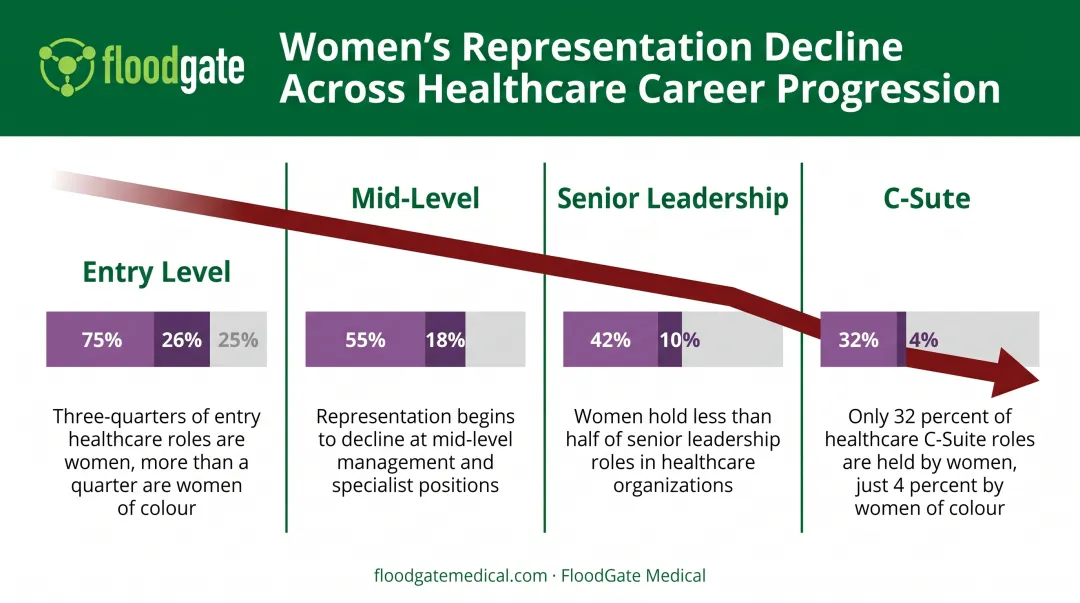 Women in healthcare leadership pipeline from entry level to C-suite representation statistics