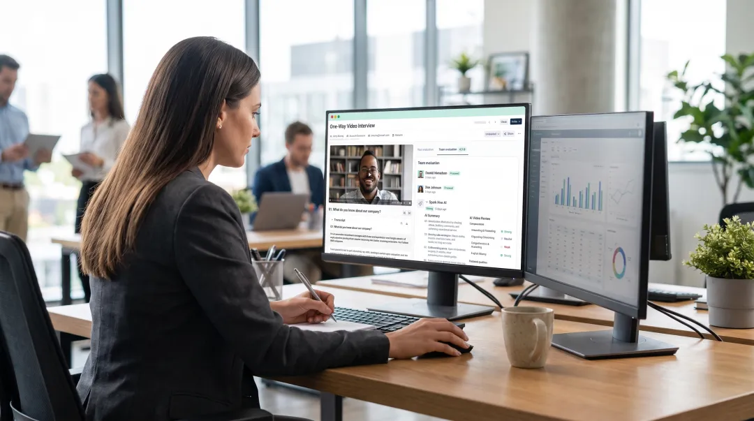 Professional recruiter reviewing candidate profiles and conducting video interview on dual monitors