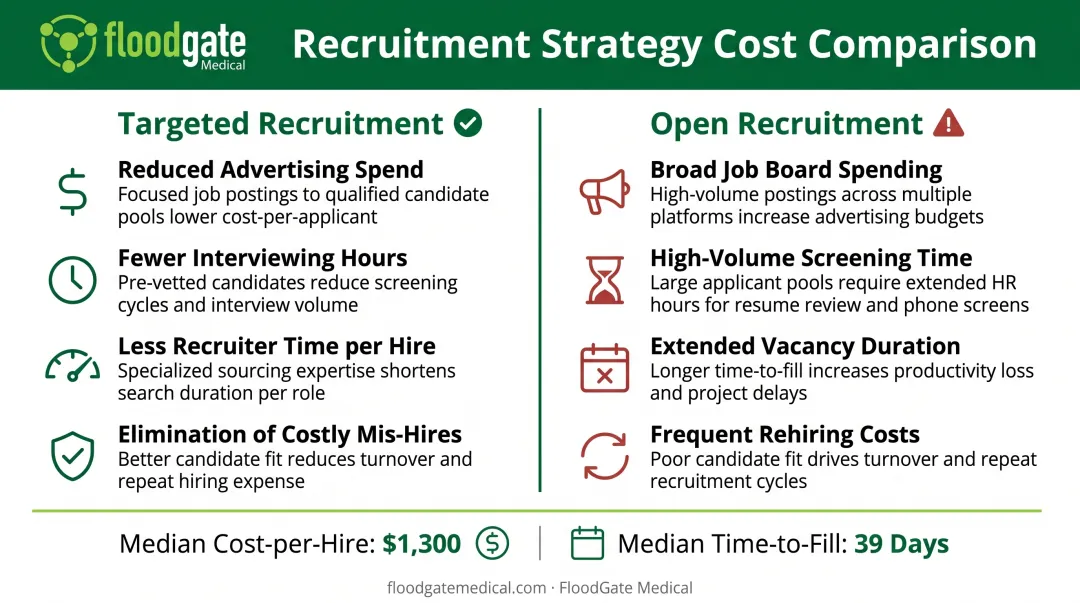 Cost per hire and time-to-fill comparison showing targeted versus open recruitment efficiency