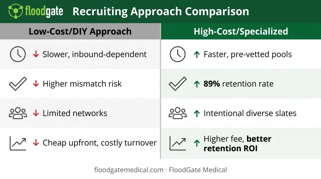 Low-cost DIY hiring versus high-cost specialized recruiting approach side-by-side comparison chart