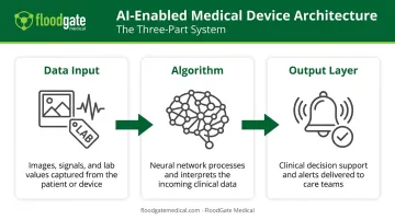 AI medical device architecture showing data input algorithm and output layers