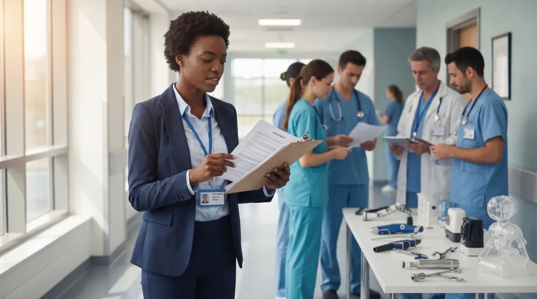 Medical device sales professional reviewing hospital system contracts and FDA regulatory documentation
