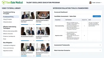 FloodGate Medical Talent Excellence Education platform showing video tutorials and interview scorecards