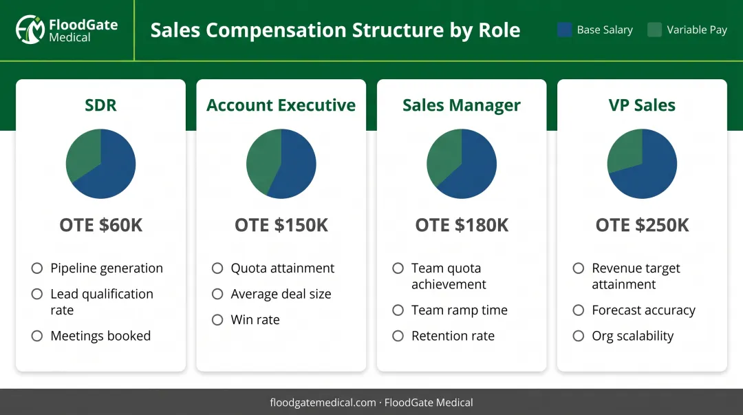 Four MedTech sales role compensation structures comparing pay mix OTE and key measures