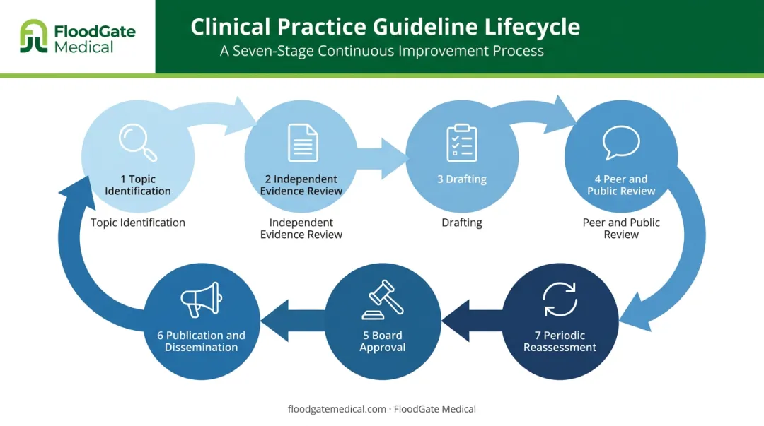 Seven-stage clinical guideline development and lifecycle process flow