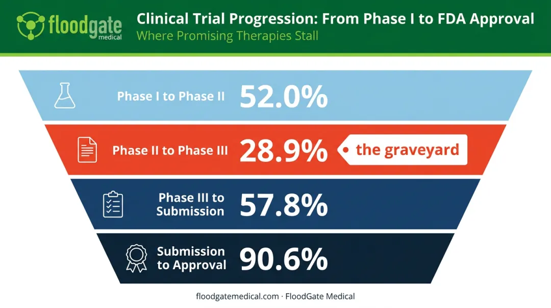 Clinical trial phase transition success rates funnel from Phase I to approval
