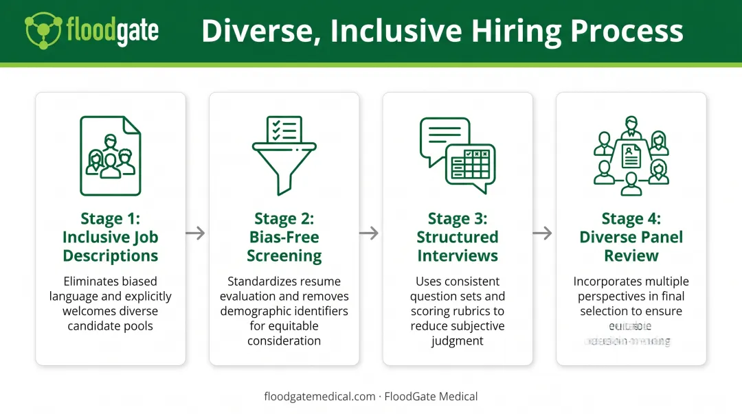 Four-step diverse hiring process framework from job description to panel interview evaluation