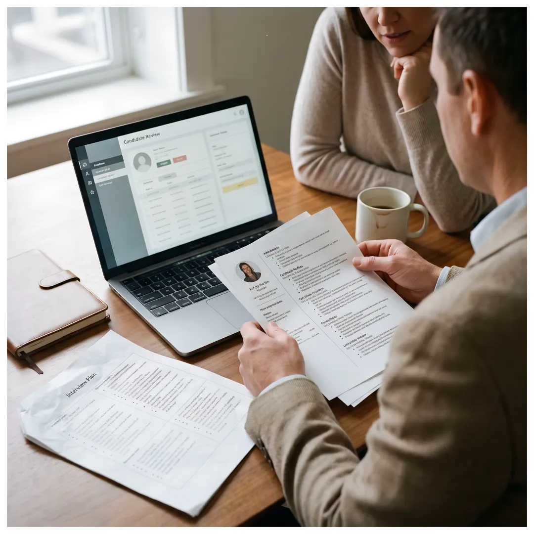 Recruiter and hiring manager reviewing executive candidate profiles