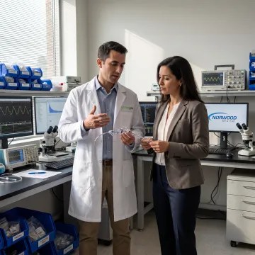 Biomedical engineer reviewing a medical device prototype