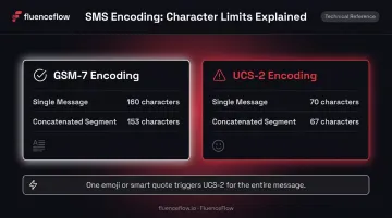 GSM-7 versus UCS-2 SMS encoding character limits comparison infographic