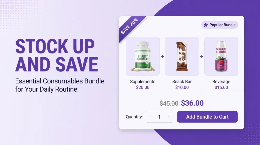 Product bundle promotion showing multiple consumable items with stock-up messaging and discount pricing