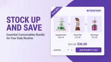 Product bundle promotion showing multiple consumable items with stock-up messaging and discount pricing