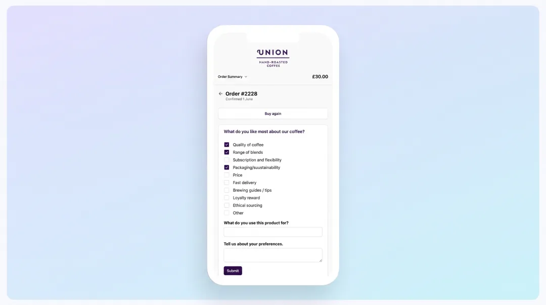 Post-purchase survey interface collecting customer preferences and product use case data