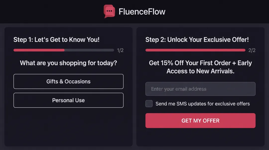 FluenceFlow multi-step pop-up showing email capture form with product preference questions