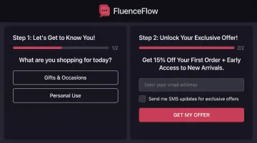 FluenceFlow multi-step pop-up showing email capture form with product preference questions
