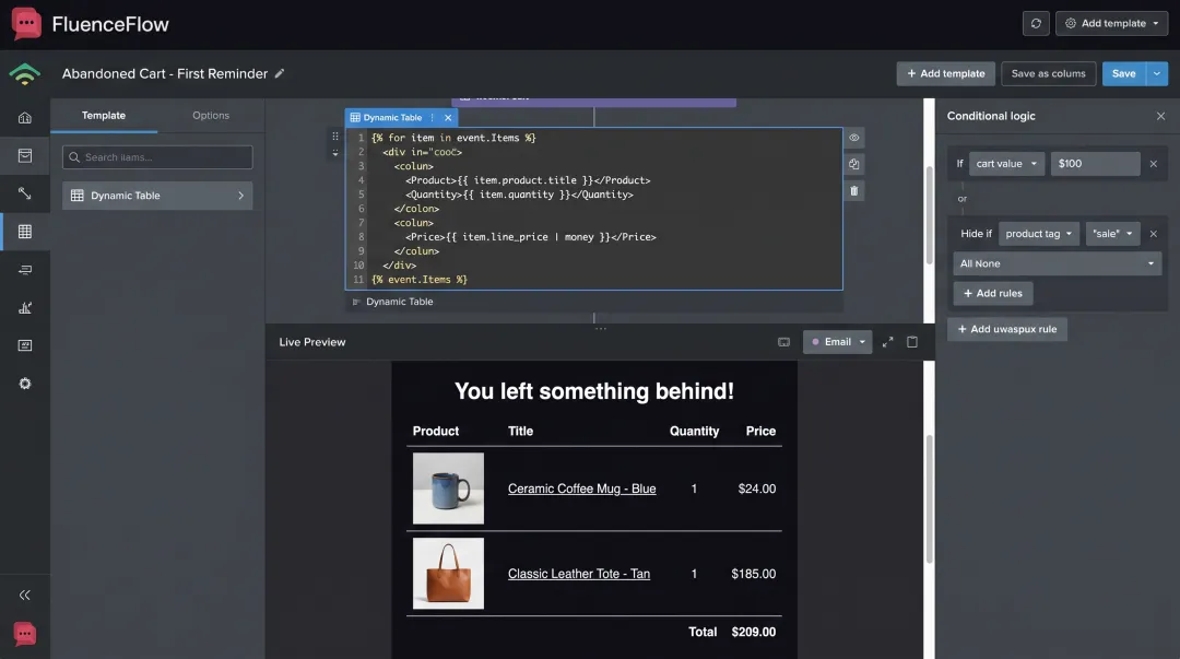 Klaviyo abandoned-cart email template showing dynamic product blocks and merge tags