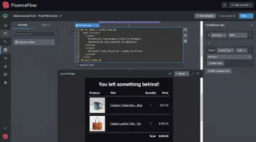 Klaviyo abandoned-cart email template showing dynamic product blocks and merge tags