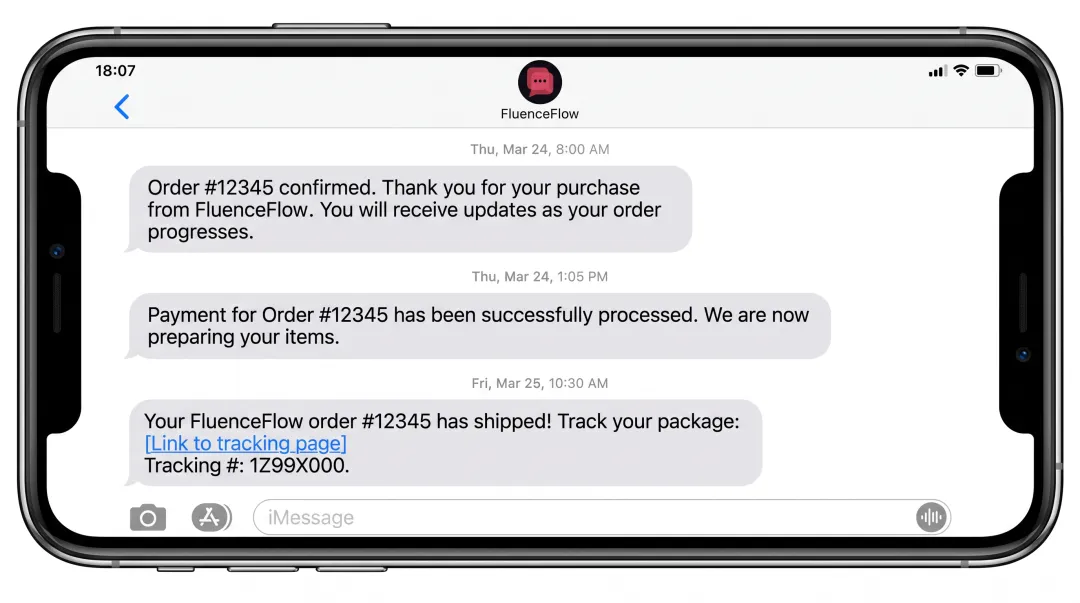 Mobile phone displaying transactional SMS order confirmation and shipping notification messages