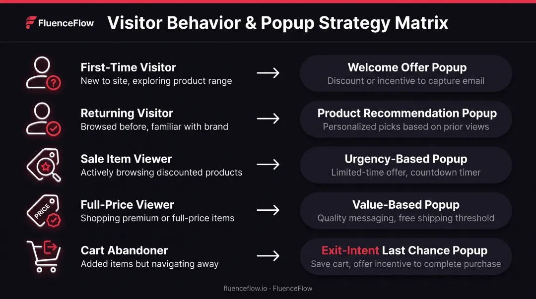 Behavioral targeting strategy showing five visitor segments and matched popup campaigns