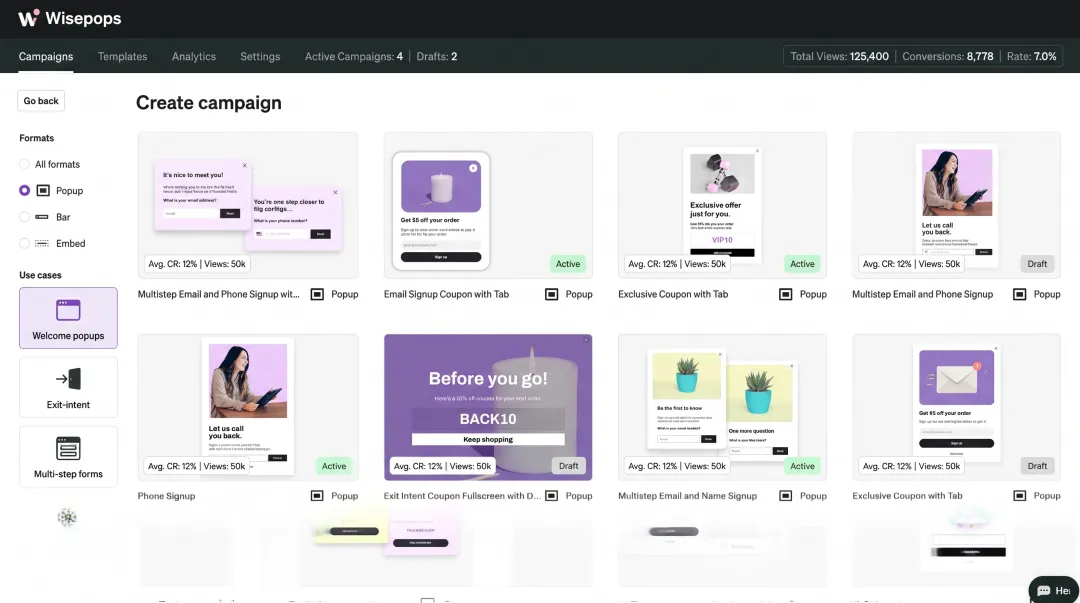 Wisepops popup campaign dashboard showing multiple format options and conversion rate metrics