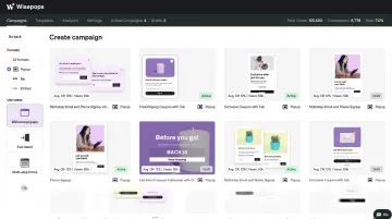 Wisepops popup campaign dashboard showing multiple format options and conversion rate metrics