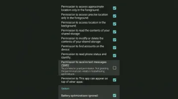 Android app permissions settings screen showing SMS read and background access controls