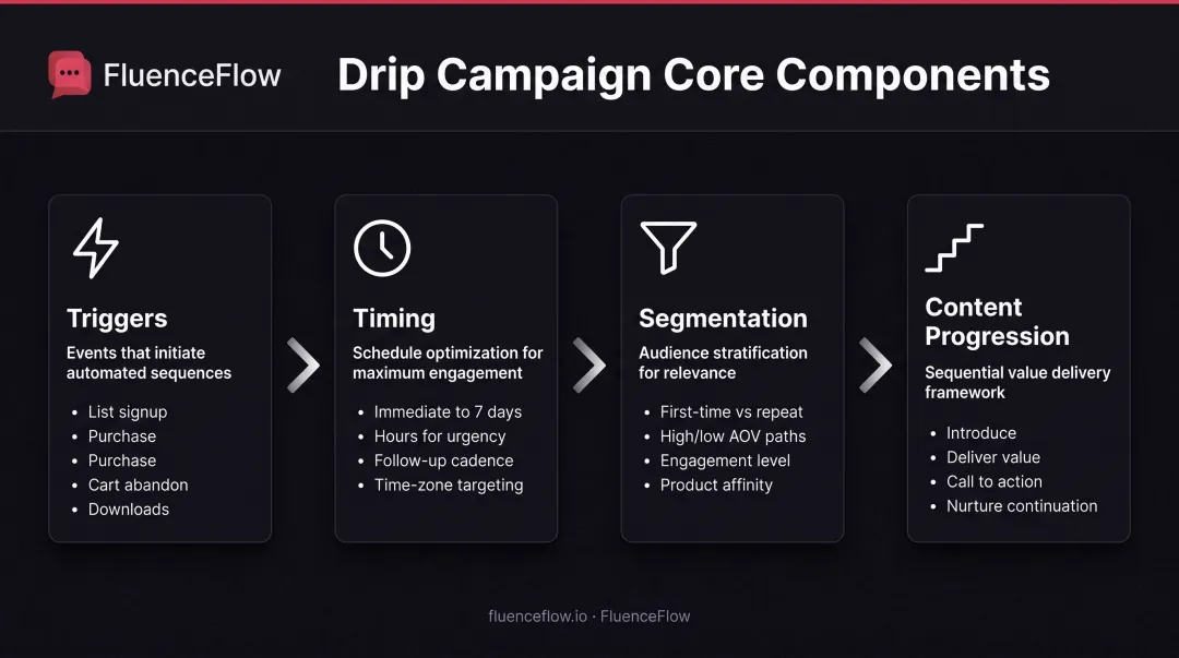 Four core components of drip campaigns showing triggers timing segmentation and content progression