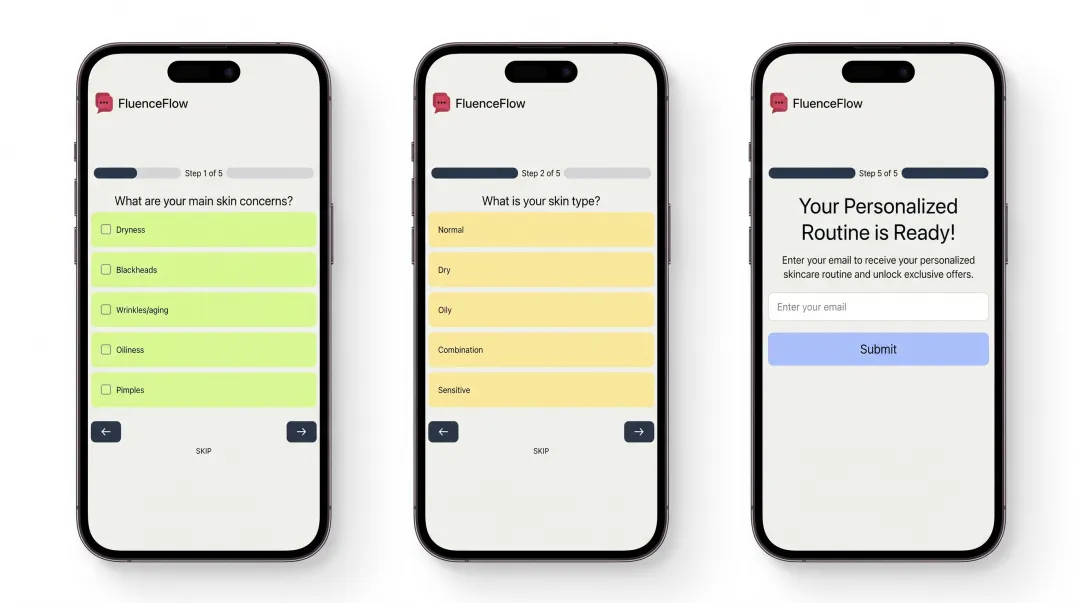 Interactive product quiz interface showing beauty skincare diagnostic questions and progress bar
