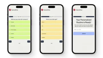 Interactive product quiz interface showing beauty skincare diagnostic questions and progress bar