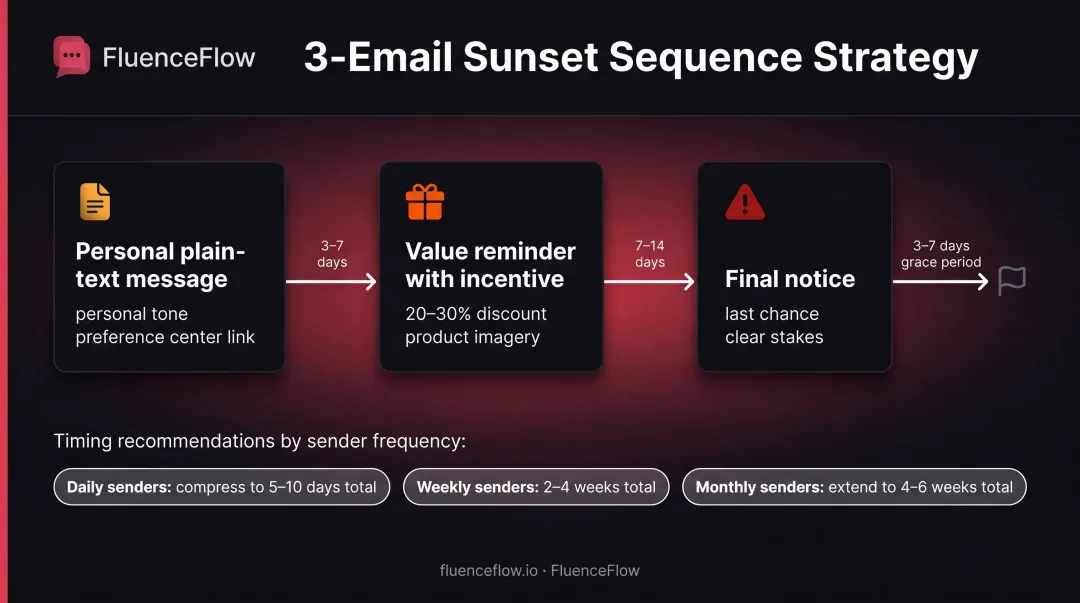 Three-email sunset flow sequence timeline showing messaging strategy and timing intervals
