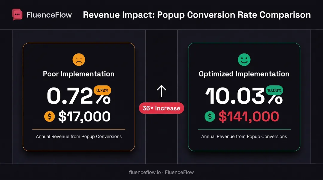 Email popup conversion rate impact on annual revenue comparison visualization