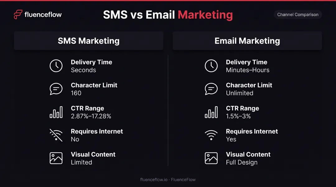 SMS versus email marketing comparison chart showing delivery time engagement and capabilities