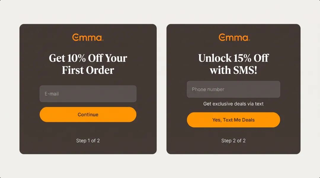 Multi-step SMS popup showing progressive email to phone number collection with discount upgrade