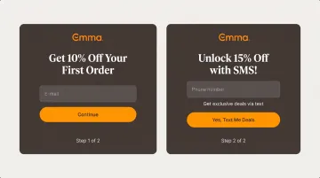 Multi-step SMS popup showing progressive email to phone number collection with discount upgrade