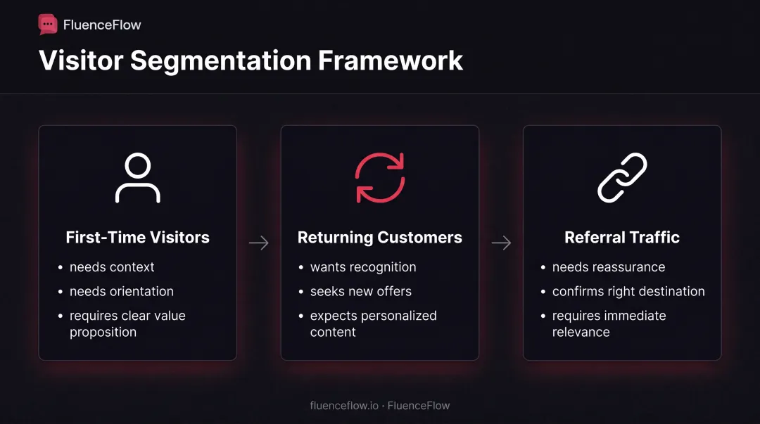 Three visitor segment types with orientation needs and messaging strategies for website welcome messages
