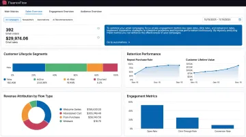 FluenceFlow ecommerce email strategy dashboard showing retention metrics and customer lifecycle segments