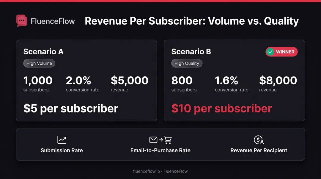 Email signup form optimization metrics comparison showing submission rate versus revenue performance