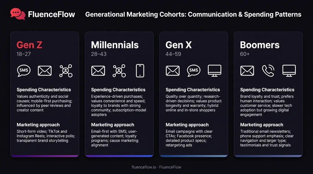 Four generational cohorts comparison showing Gen Z Millennials Gen X and Boomers marketing preferences
