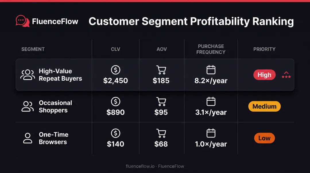 Customer segment priority matrix comparing CLV AOV and purchase frequency across three demographic groups